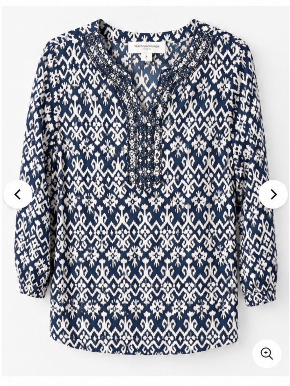 beachlunchlounge Navy and White Ikat Split-Neck Blouse